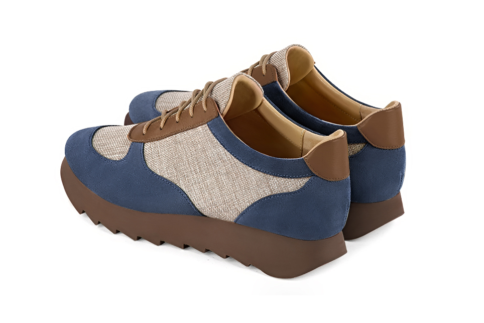 Denim blue, natural beige and caramel brown women's three-tone elegant sneakers. Round toe. Low rubber soles. Rear view - Florence KOOIJMAN